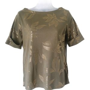 Karen Scott Petite Olive Spig Boat-Neck Gold Embellished Leaves Top